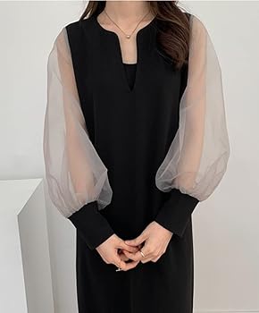 Amazon.co.jp: [KKAERDIYA] シフォンスリーブ ワンピース 透け感